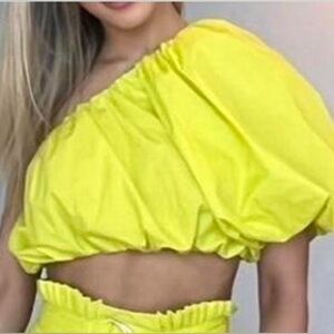 SHEIKE Neon Green One Shoulder Puff Sleeve Cropped Blouse Sz. 8 NWT!